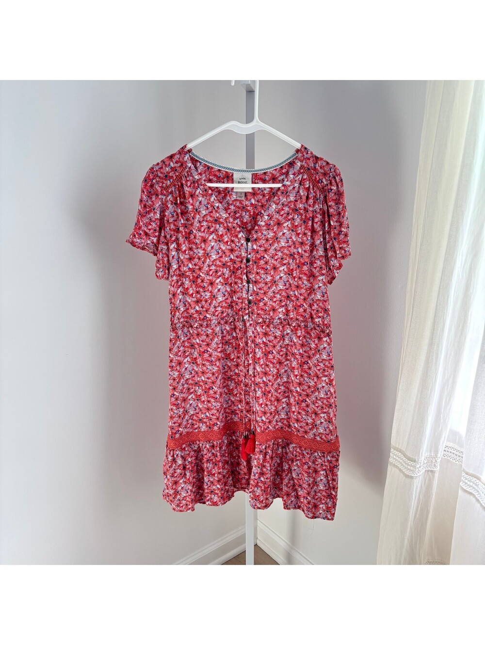 Knox Rose EUC Women's Red Floral Flutter Sleeve Mini Dress Size S